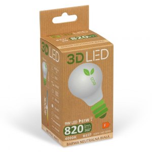 3D LED Żarówka 9W E27 barwa neutralna biała